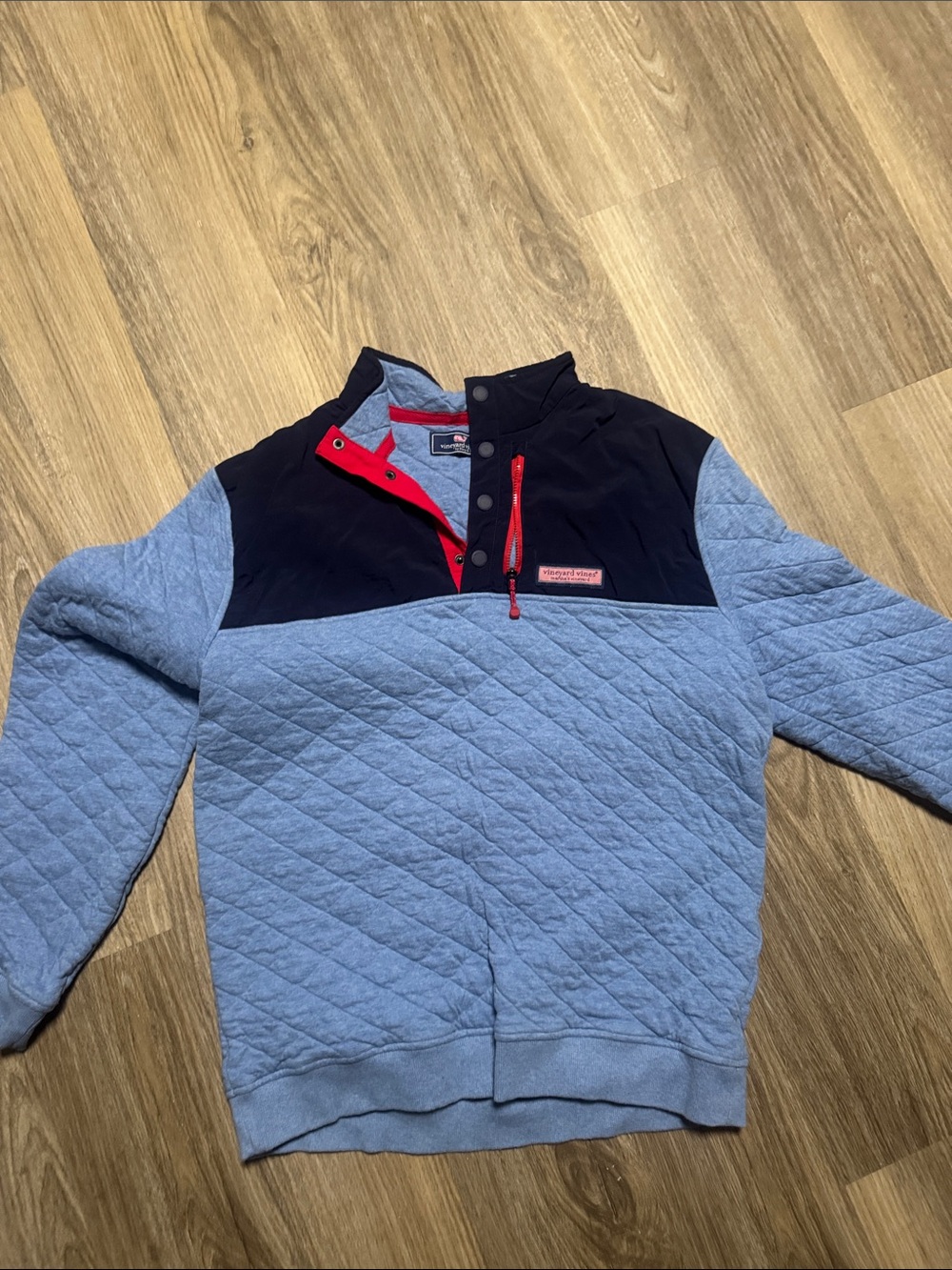 Vineyard Vines Light Blue Quilted Half-Zip with Navy Yoke and Red Accents